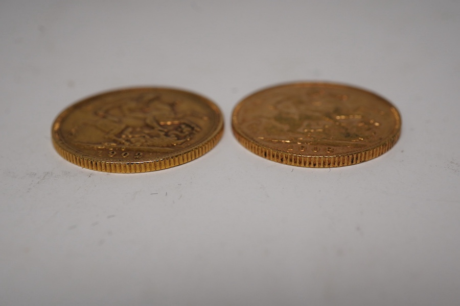 Australia gold coins, Edward VII, two gold sovereigns, 1902S, VF and 1908P, good VF